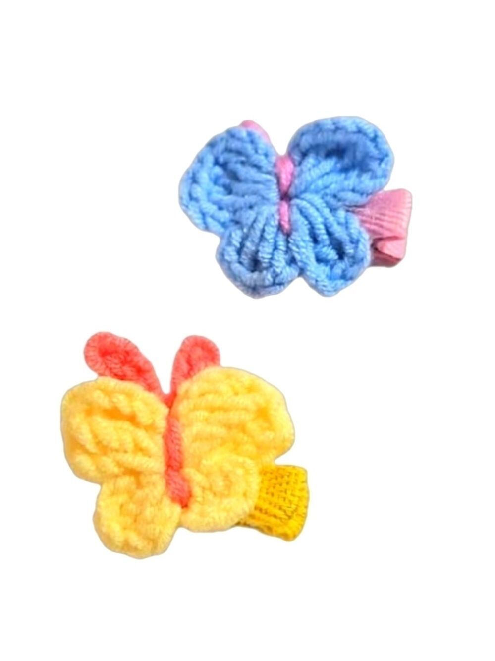 Hand Crafted Hand Knit Crochet Butterfly Hair Clip blue-yellow 1" Alligator clip - Picture 4 of 17